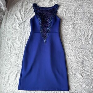 Sue Wong Royal Blue Sequin Rhinestone Halter Sheath Dress